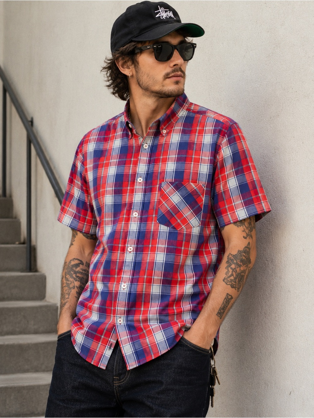Mishka Red and Blue Plaid Short-Sleeve Button-Down Shirt